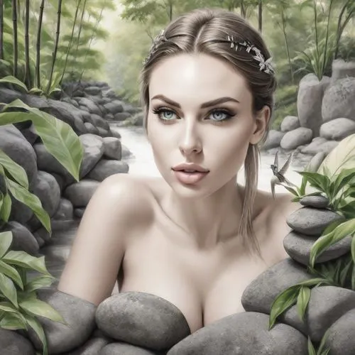 The photograph shows a stunning bikini model, crafted from smooth stones, sits proudly on a picturesque stone wall in a lush jungle garden. The garden is alive with the sounds of chirping birds and ru