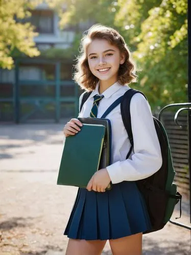 High school students, uniform, smiling face, bright eyes, neat hair, natural makeup, fit body, standing pose, hands in pockets, backpack behind, school gate, trees, sunny day, warm lighting, soft focu