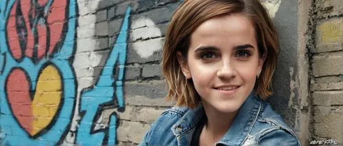 Emma Watson, Bob haircut, solo, (20yo), beautiful detailed eyes, light blush, straight eyebrows, subtle smile, white skin tone, minimal makeup, casual wear, blue denim jacket, white graphic t-shirt, h