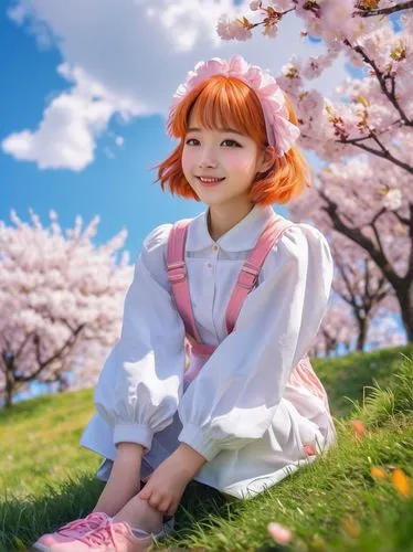 Cute anime girl, childhood outfit, white and pink overall, puffy sleeves, bright orange hair clips, big brown eyes, gentle smile, rosy cheeks, soft skin, casual pose, sitting on a grassy hill, sunny d