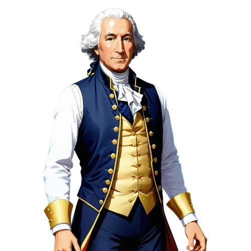 George Washington, Founding Father, mature man, powdered wig, facial close-up, wise eyes, gentle smile, formal attire, white shirt, black waistcoat, gold buttons, satin vest, breeches, boots, standing