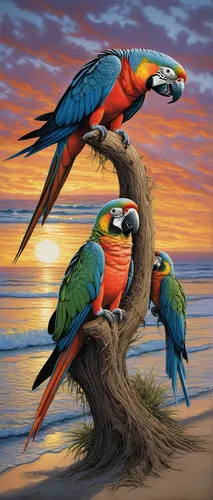 Describe a peaceful evening where a group of colorful parrots gather on a picturesque beach, creating a stunning sight at sunset.,tropical birds,macaws of south america,couple macaw,parrots,parrot cou