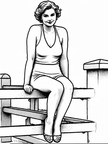 a drawing of a woman on a bench in her bathing suit,comic halftone woman,woman sitting,girl sitting,retro 1950's clip art,rotoscoped,rotoscoping,Design Sketch,Design Sketch,Rough Outline