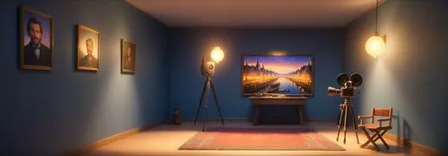 a blue room with a large painting and tripod lights,blue lamp,blue room,photography studio,floor lamp,the living room of a photographer,wall lamp,anteroom,scene lighting,modern room,danish room,hangin