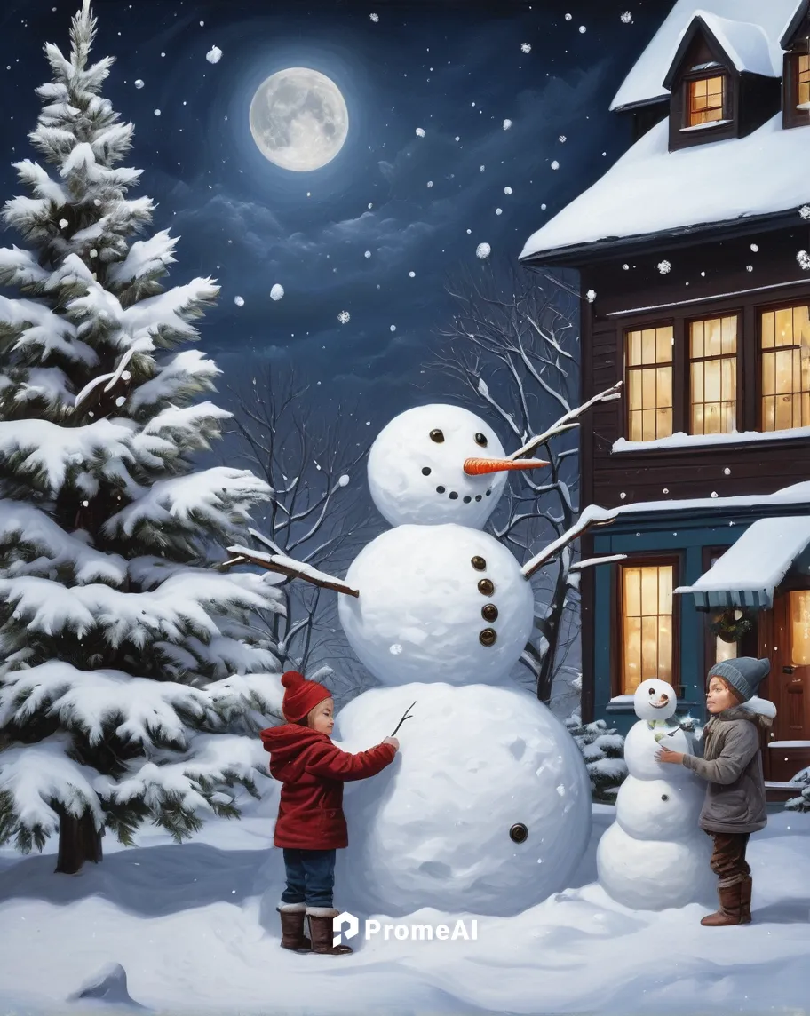 Create a magical Christmas scene with sparkling lights, snow-covered trees, and children building snowmen.,christmas snowy background,christmas scene,snow scene,christmas landscape,christmasbackground