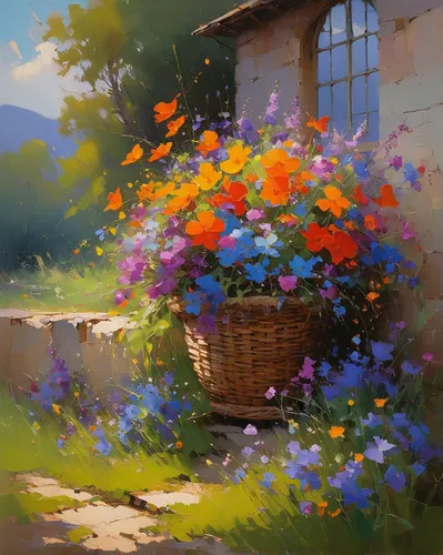 flower basket,summer flowers,flower painting,flower box,flowers in basket,spring morning,blanket of flowers,hanging basket,summer evening,flower bed,summer flower,summer meadow,petunias,in the early summer,summer day,splendor of flowers,scattered flowers,springtime background,flowerbox,bright flowers,Conceptual Art,Sci-Fi,Sci-Fi 22