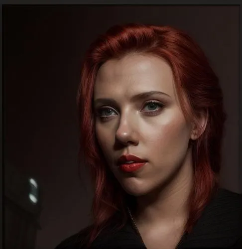 a portrait of a beautiful Scarlett Johansson 26 years old, red hair, red lips, wearing a black custom of black widow of Marvel stand up in the sunset in a street of Manhattan in New York as background