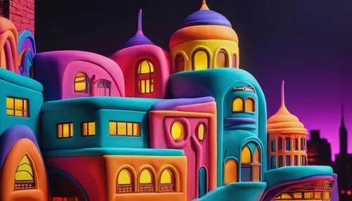 fantasy city,colorful city,toontown,3d fantasy,candyland,fairy tale castle,pink city,imaginationland,dubailand,fantasy world,colorforms,basil's cathedral,agrabah,dollhouses,houses clipart,cityscapes,cartoon video game background,gaudi,fantasyland,popmart,Unique,3D,Clay