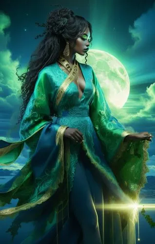 nude Beautiful nigerian girl, full dark curly hair, big green almond eyes, full black lips, misty sky,a beautiful girl in green and gold costume with a full moon,kahlan,malachite,fantasy picture,esmer