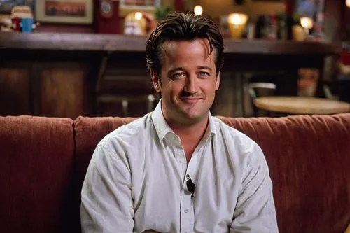 Matthew Perry, Chandler Bing, Friends TV series, 90s nostalgia, warm smile, blue eyes, messy hair, casual wear, jeans, white shirt, sitting on couch, Central Perk cafe, coffee cup, relaxed posture, gr