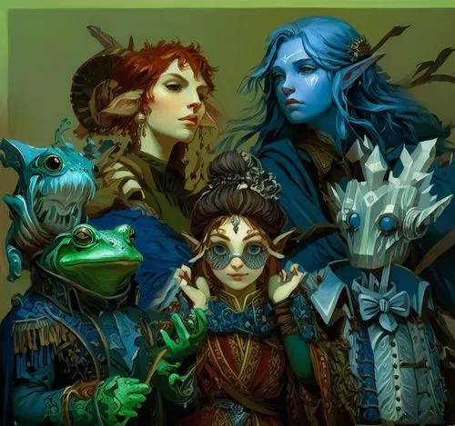 D&D party of adventurers with a humanoid frog a blue-firbolg and a halfling


,a painting of witches and demons holding hands,sorceresses,planescape,familiars,confidantes,dragonlance,elfquest,Illustra