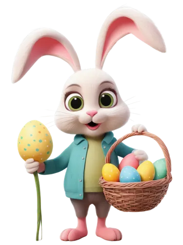 Easter bunny, cute, cartoon style, white and pink fur, big round eyes, pink nose, holding Easter egg, colorful eggs, basket, spring flowers, green grass, sunny day, soft focus, warm color tone, 3/4 co