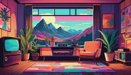 retro styled,livingroom,living room,retro background,aesthetic,playing room,apartment,computer room,roominess,modern room,cartoon video game background,ambience,study room,room,game room,apartment lounge,retro style,musical background,80's design,great room,Illustration,Japanese style,Japanese Style 06