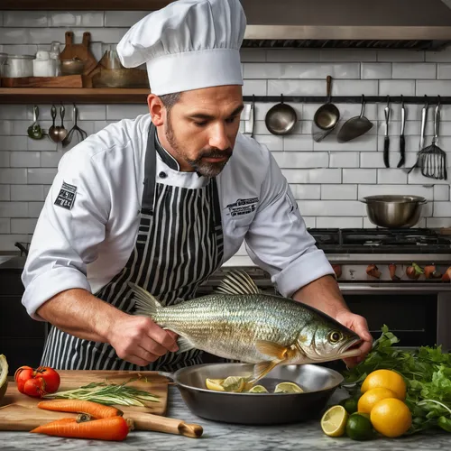 A chef competes in a cooking show and must remove the bones from a fish quickly and skillfully.,men chef,barramundi,chef's uniform,chef,chef hat,chef's hat,giant seabass,food preparation,sea bream,sic