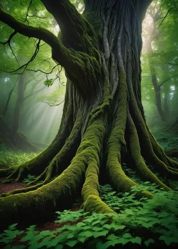 Ancient tree, twisted branches, thick trunk, vibrant green leaves, natural curves, intricate texture, majestic, grand, serene atmosphere, warm sunlight filtering through leaves, misty morning, forest 