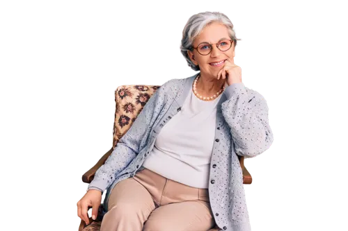 Retired teacher, senior woman, gentle smile, reading glasses, short grey hair, simple makeup, floral blouse, cardigan, pearl necklace, comfortable slacks, loafers, sitting on armchair, hands clasped t