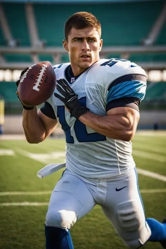 American football player, muscular man, strong facial features, short brown hair, no glasses, determined expression, white jersey, blue pants, football in hand, throwing motion, stadium background, gr