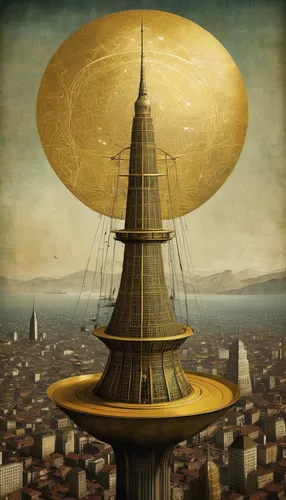 orrery,panopticon,voyager golden record,tower of babel,copernican world system,golden candlestick,armillary sphere,golden record,golden scale,heliosphere,equilibrist,flying saucer,cellular tower,the solar system,geocentric,conical hat,spire,musical dome,globe,inner planets,Illustration,Realistic Fantasy,Realistic Fantasy 35