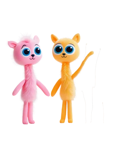 Cute stick animal toys, colorful fur, big round eyes, tiny nose, smiling face, holding hands, standing on hind legs, white background, soft focus, pastel colors, playful composition, shallow depth of 