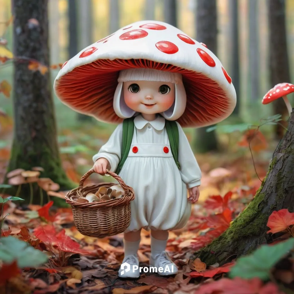 cute mushroom person, cartoon style, childlike face, big round eyes, tiny nose, smiling, white mushroom cap, red spots, green stem hat, flowy white clothes, holding a basket, picking mushrooms, forest