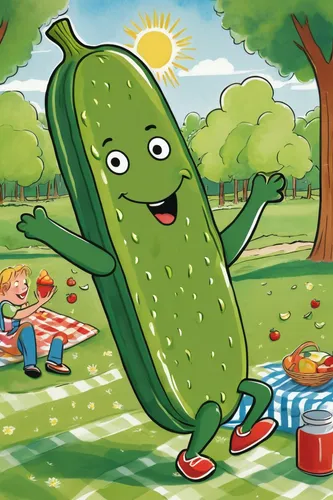 Draw a cartoon pickle dancing happily at a picnic.,snap pea,pickles,aaa,pickled cucumbers,snake pickle,pickled cucumber,pepino,pea,patrol,armenian cucumber,jalapeño,pickling,cucumber,peas,okra,cucumis