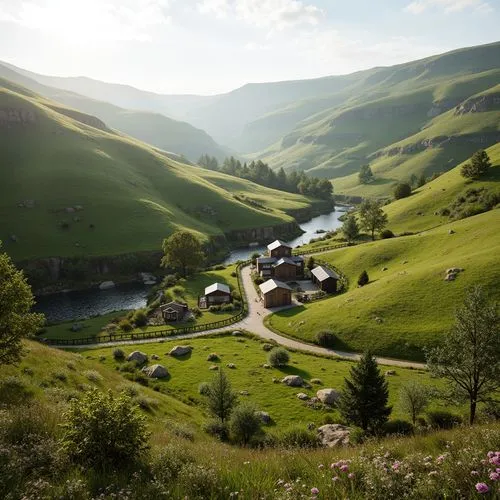 Rolling hills, verdant pastures, rustic farmhouses, wooden fences, meandering streams, wildflowers, rural pathways, earthen walls, natural stone foundations, earthy tones, harmonious blending, seamles