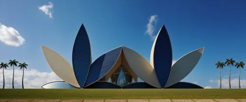 the large building has large blue and white shapes,lotus temple,niemeyer,calatrava,futuristic architecture,futuristic art museum,brasilia,Photography,General,Realistic