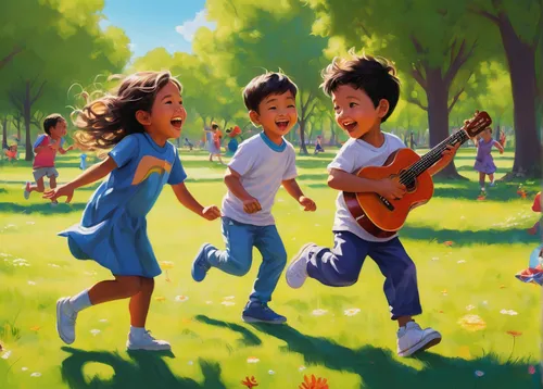 Describe a joyful day with aďa playing in a sunny park.,happy children playing in the forest,children playing,playing outdoors,children learning,children jump rope,children's background,kids illustrat