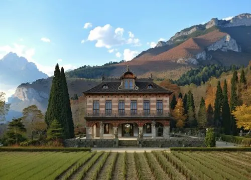 紅磚牆,this is a house sitting in the middle of a field,swiss house,south tyrol,switzerlands,house in the mountains,house in mountains,villard