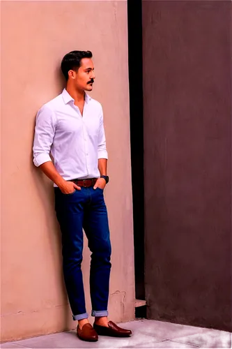 Latin American man, 30s, short hair, mustache, casual wear, white shirt, dark blue jeans, brown loafers, relaxed posture, leaning against wall, urban setting, afternoon sunlight, soft focus, warm colo