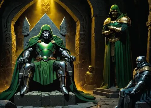 Doctor Doom with big smooth gold buttons on cloak, sitting on a stone throne with a tall back with a large D etched into the head of the stone throne. There is a stone statue depicting Doom behind his