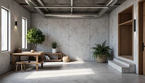 concrete ceiling,hallway space,ceramiche,tile kitchen,associati,exposed concrete,modern decor,3d rendering,render,wallcoverings,wallcovering,marazzi,ceramic tile,interior design,kitchen design,daylighting,rest room,modern office,wall plaster,loft