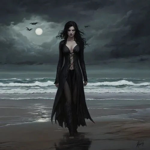 dark beach,gothic woman,vampire woman,sorceress,dark angel,goth woman,vampire lady,dark gothic mood,gothic fashion,beach moonflower,gothic portrait,gothic dress,the enchantress,the sea maid,dance of death,siren,black beach,fantasy art,queen of the night,fantasy picture,Conceptual Art,Fantasy,Fantasy 34