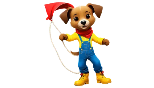 Cartoon cowboy dog, standing upright, brown fur, white belly, black nose, floppy ears, red bandana, blue denim overalls, yellow boots, holding lasso rope, playful facial expression, dynamic pose, vibr