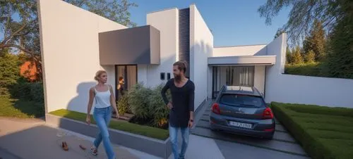 DISEÑO EXTERIOR DE UNA CASA MODERNA ESTILO MINIMALISTA, EN UNA AMBIENTE URBANO, CON PERSONAS Y AUTOS,3d rendering,modern house,render,cubic house,smart house,smart home,residential house,modern archit