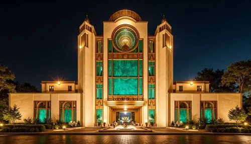 Opulent Art Deco monument, lavish gold accents, rich bronze tones, luxurious marble surfaces, vibrant turquoise mosaics, bold geometric patterns, ornate metalwork details, sunburst motifs, stylized fl