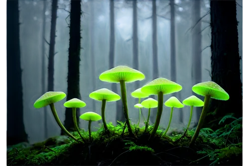 Glowing mushrooms, dark forest, eerie atmosphere, neon green luminescence, delicate caps, slender stems, misty surroundings, foggy night, 3/4 composition, shallow depth of field, warm color tone, cine