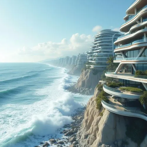 seasteading,futuristic landscape,futuristic architecture,oceanfront,imperial shores,shorefront,terraforming,terraformed,ocean waves,beachfront,cliffside,oceanview,render,coastal protection,cliffs ocean,biarritz,themyscira,seaside view,malaparte,seaside resort,Photography,General,Realistic