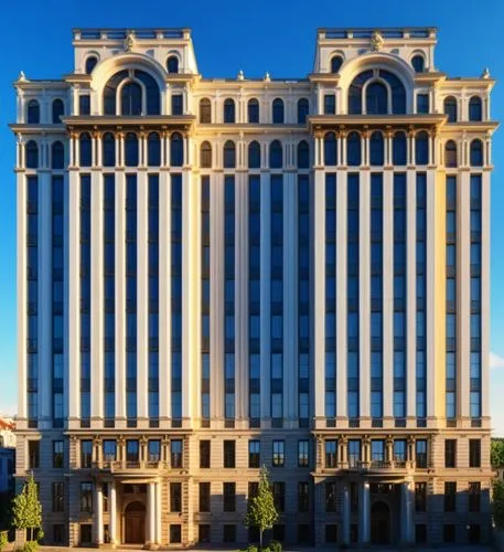 the exterior of a tall building with many windows and arched arches,caesars palace,kempinski,vdara,borgata,mgimo,caesar's palace,Photography,General,Realistic