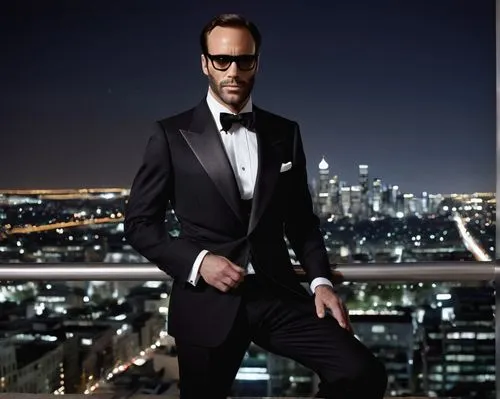 Tom Ford, mature gentleman, sophisticated, soft facial features, detailed wrinkles, elegant hairstyle, classic glasses, trimmed beard, luxurious black tuxedo, crisp white shirt, black bow tie, leather