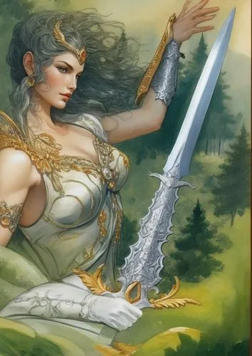 воительница эльфийка с мечом, колдует в лесу,woman holding giant sword in foreground surrounded by trees,mervat,female warrior,kushana,yavana,inara,warrior woman,Photography,Fashion Photography,Fashio