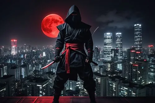 Ninja warriors, male, muscular, stealthy, Japanese, traditional ninja suit, black hood, red eyes, sharp katana, shuriken, grappling hook, city rooftop, Tokyo, nighttime, full moon, skyscrapers, dark a