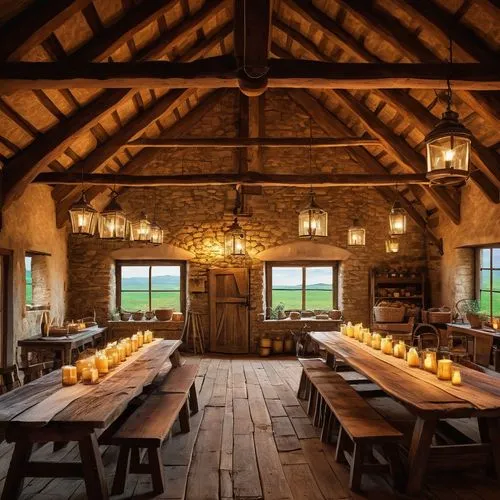 wooden beams,inglenook,hayloft,dining room,dandelion hall,breakfast room,lodge,rustic aesthetic,wooden floor,field barn,chalet,great room,rustic,cabin,wedding hall,home interior,loft,cookhouse,alpine restaurant,long table,Art,Classical Oil Painting,Classical Oil Painting 22