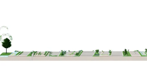 design  a sustainable street with a bioswale, rain garden, trees and plants, some peoples and cars based in the image,landscape plan,garden elevation,street plan,planted car,plant community,plant tunn