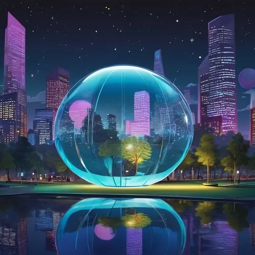 glass sphere,glass ball,epcot ball,orb,giant soap bubble,glass balls,fantasy city,prism ball,lensball,cybercity,cartoon video game background,futuristic landscape,mirror ball,frozen bubble,quarantine bubble,glass orb,ball cube,crystal ball,fantasy world,dream world,Illustration,Japanese style,Japanese Style 07