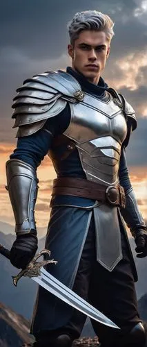 Muscular man, Skie Silvershield, solo, (25yo), strong facial features, short silver hair, blue eyes, bold eyebrows, scar above left eyebrow, metallic armor, silver shoulder pads, leather gloves, sword