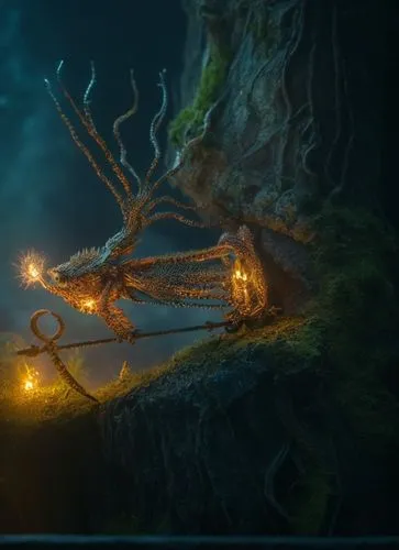 an octo holding a string with its tentacles standing in the water,kupala,ignagni,celtic tree,carcosa,magic tree,tree torch,Photography,General,Fantasy