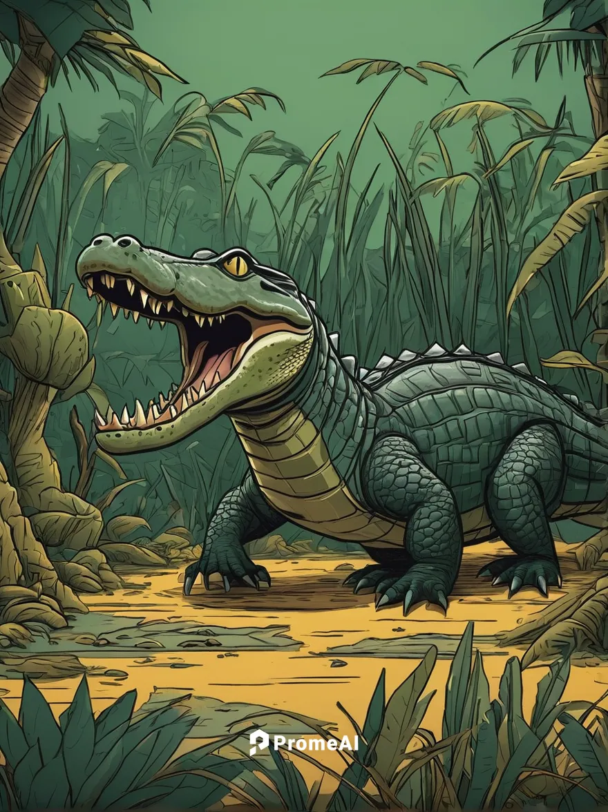 Craft a dramatic cartoon of an alligator confronting a group of poachers,crocodile,alligator,freshwater crocodile,marsh crocodile,gator,crocodilian,salt water crocodile,crocodilia,little crocodile,sou