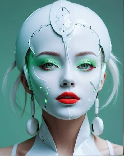 half body crop,a pale face robot girl super model with futuristic look and white glossy outfit, eyes looking at viewer, glossy props, collarbone, vivid color, hi-tech designed props for helmet, realis