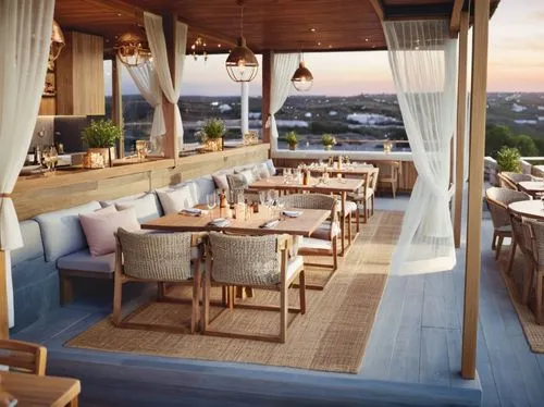 the wooden patio with a lot of chairs and table cloths and white curtains,outdoor dining,roof terrace,outdoor table and chairs,penthouses,terrasse,skybar,Photography,General,Commercial